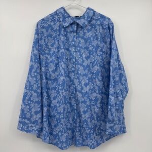 Roamans Top Women 22W Blue Paisley Long Sleeve Button Up Western Casual Blouse